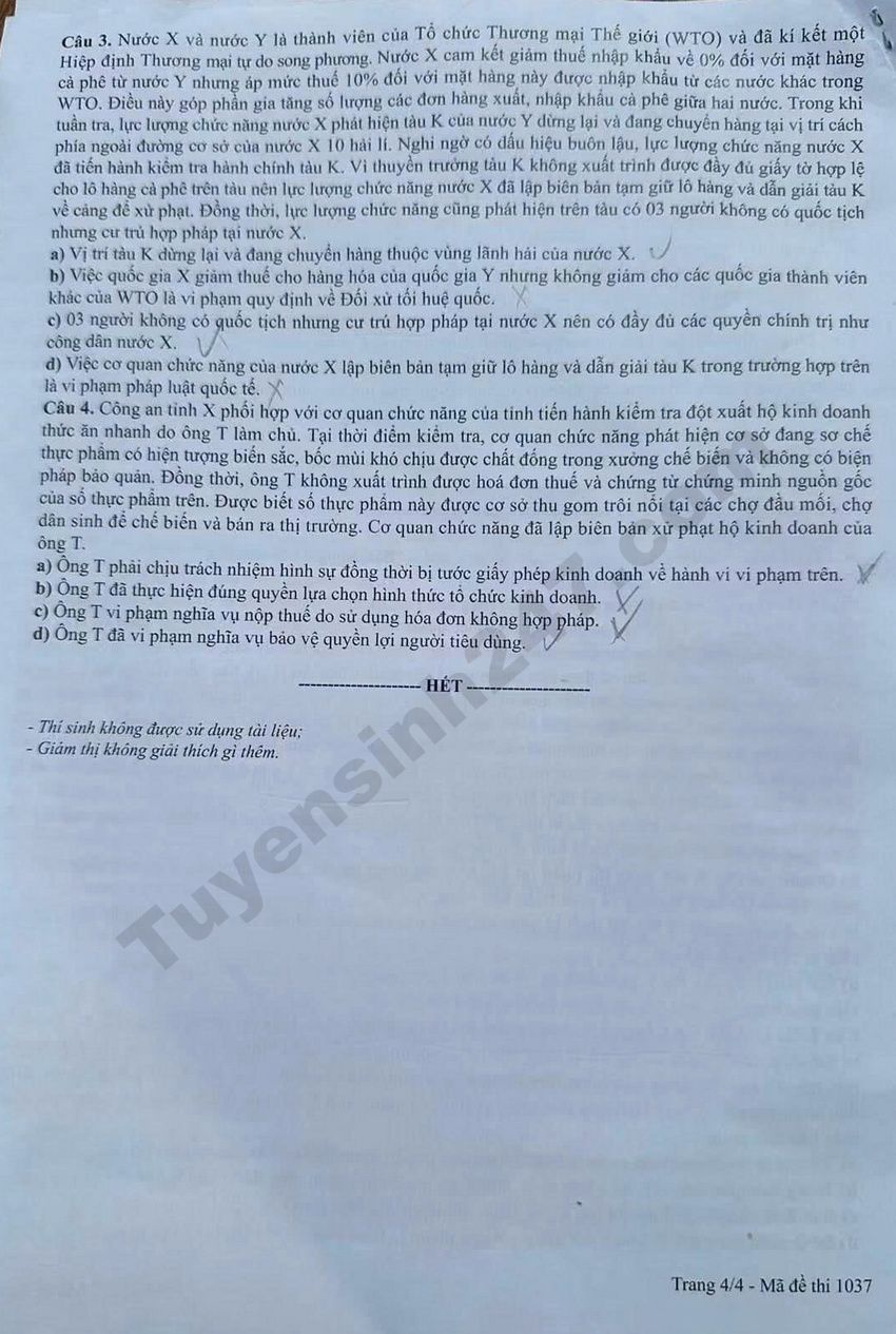 Dap an de thi mon GDKTPL - Ma de 1037 tot nghiep THPT 2026