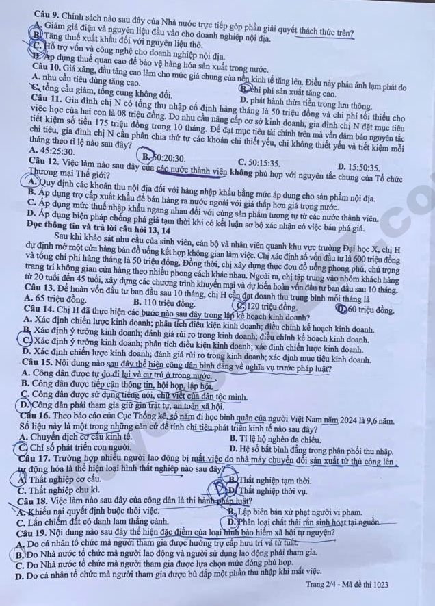 Dap an chi tiet de thi tot nghiep THPT 2026 mon GDKTPL - Ma de 1023