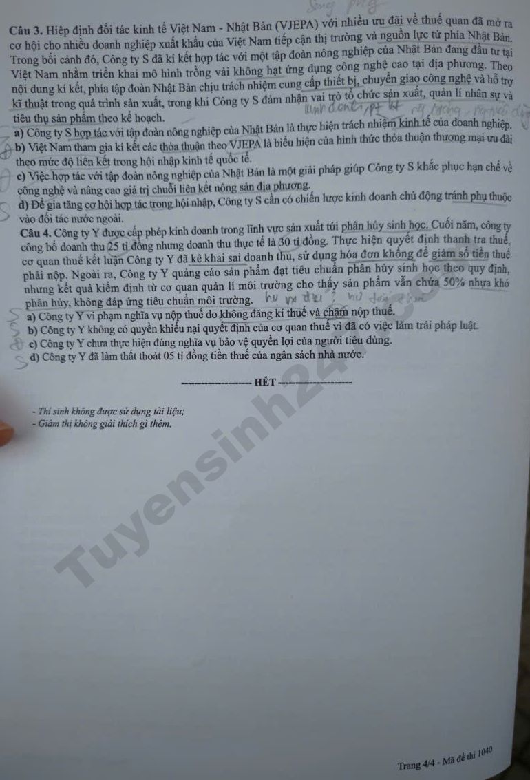 Dap an de thi tot nghiep THPT 2026 mon GDKTPL - Ma de 1040 nhanh va chinh xac