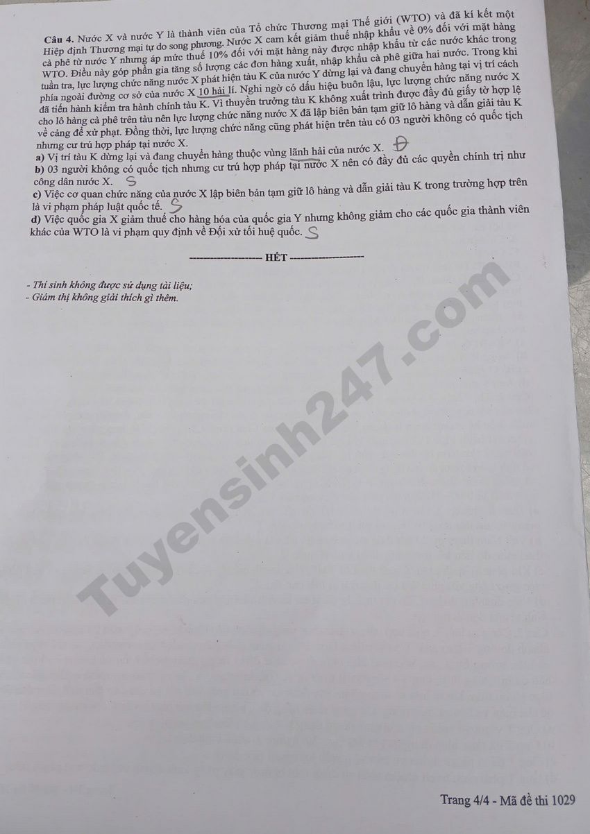 Dap an de thi tot nghiep THPT 2026 mon GDKTPL - Ma de 1029