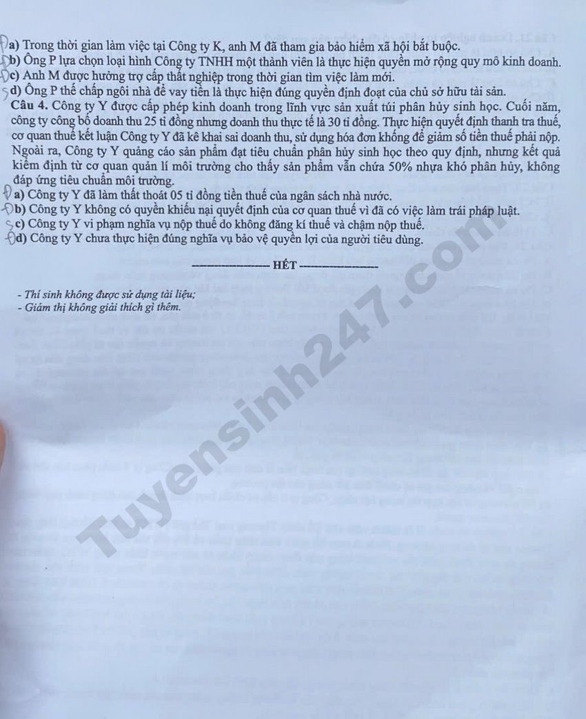Giai chi tiet va Dap an de thi tot nghiep THPT 2026 mon GDKTPL - Ma de 1010