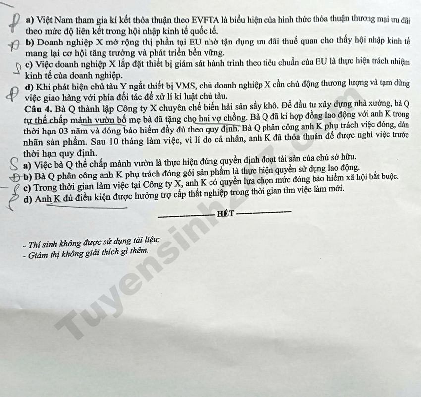 Dap an de thi tot nghiep THPT 2026 mon GDKTPL - Ma de 1039