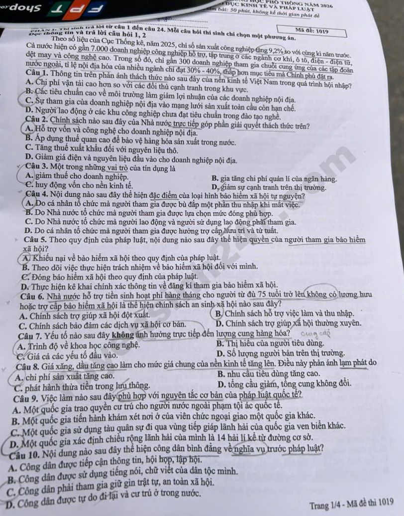 Dap an de thi tot nghiep THPT 2026 mon GDKTPL ma de 1019 chi tiet nhat