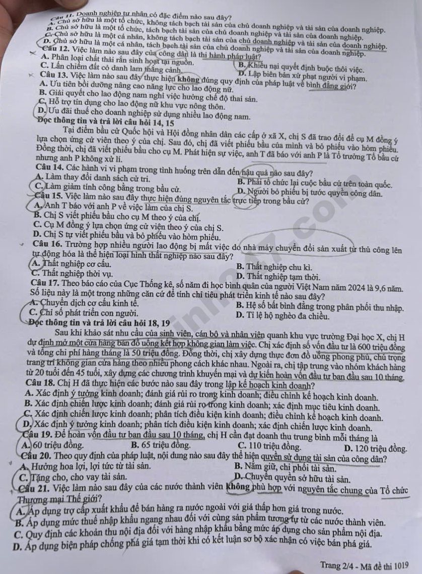 Dap an de thi tot nghiep THPT 2026 mon GDKTPL ma de 1019 chi tiet nhat