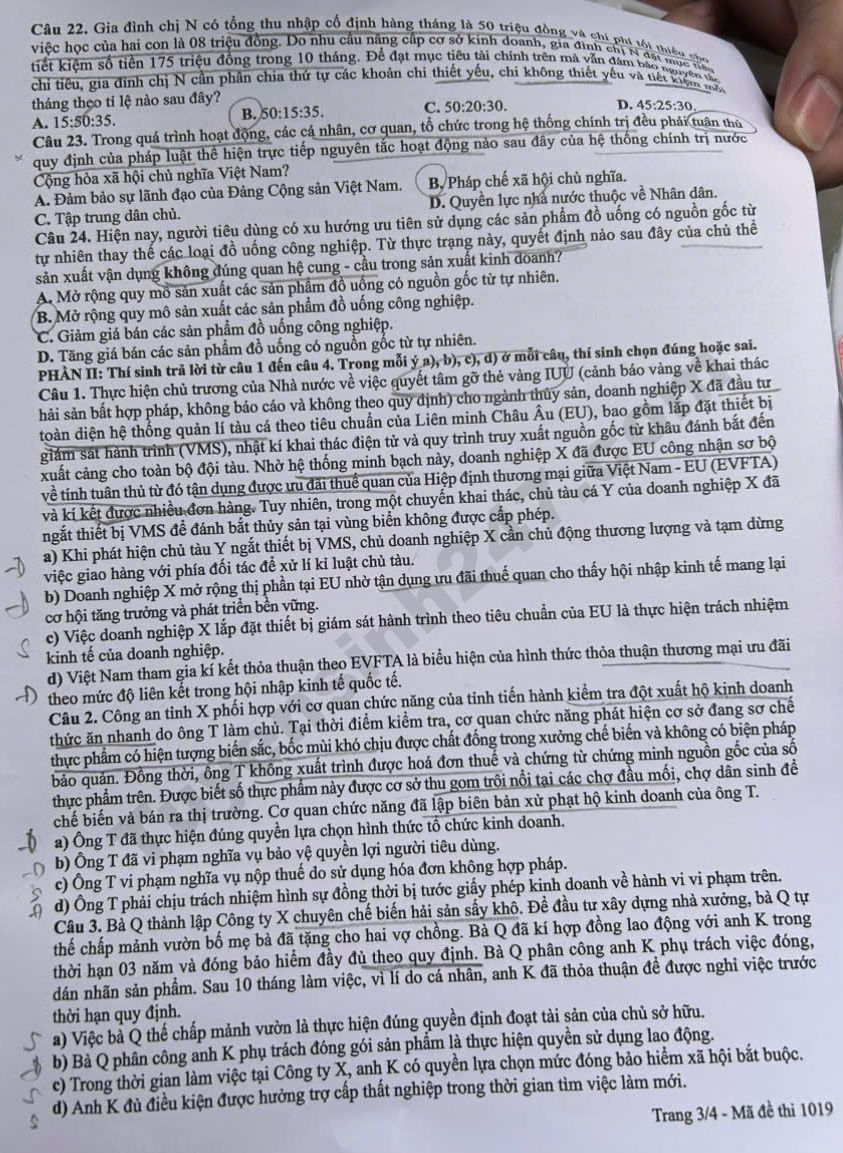 Dap an de thi tot nghiep THPT 2026 mon GDKTPL ma de 1019 chi tiet nhat