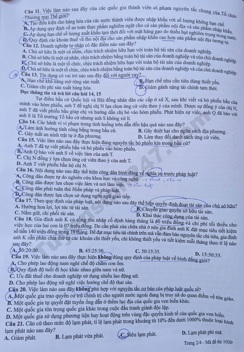 Cap nhat dap an de thi tot nghiep THPT 2026 mon GDKTPL - Ma de 1020