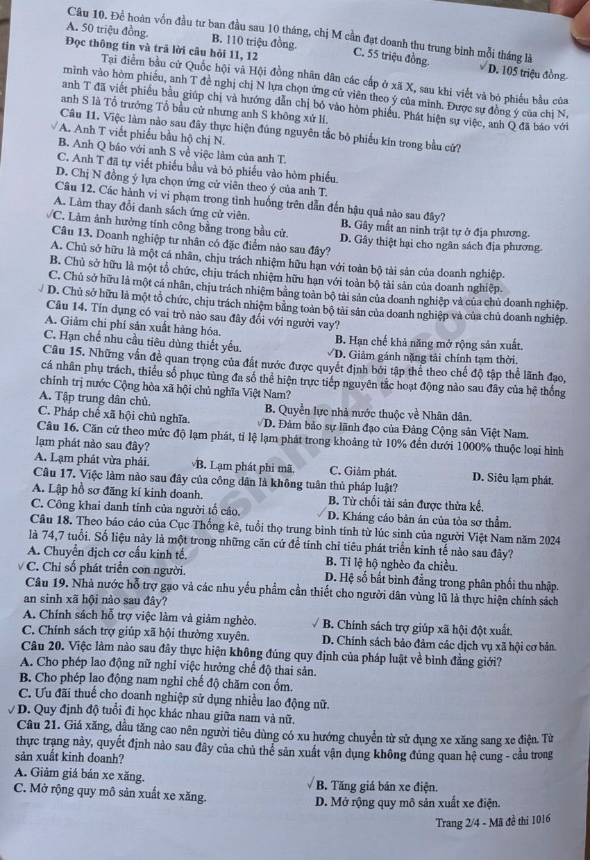 Xem dap an de thi tot nghiep THPT 2026 mon GDKTPL ma de 1016