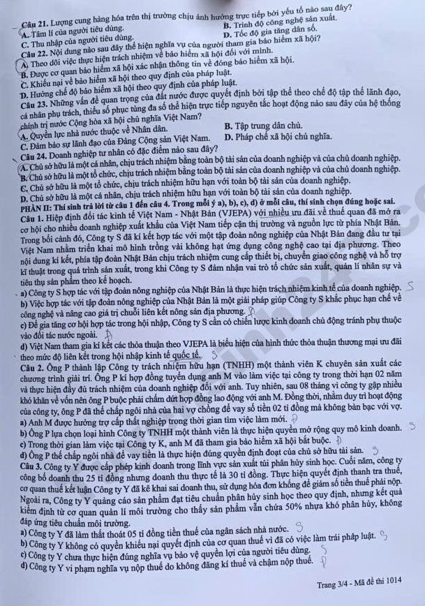 Dap an mon GDKTPL thi tot nghiep THPT 2026 - Ma de 1014