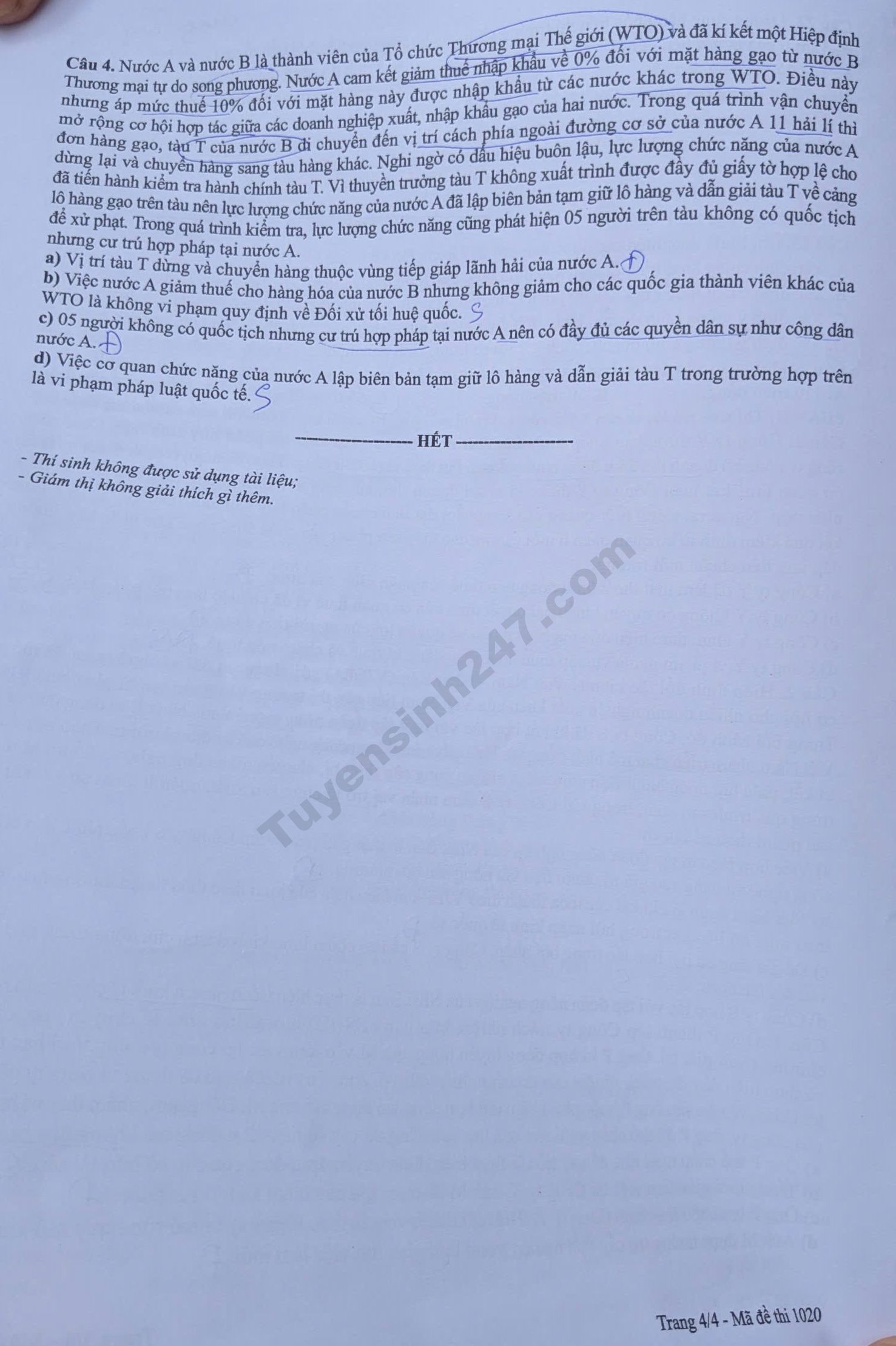 Cap nhat dap an de thi tot nghiep THPT 2026 mon GDKTPL - Ma de 1020