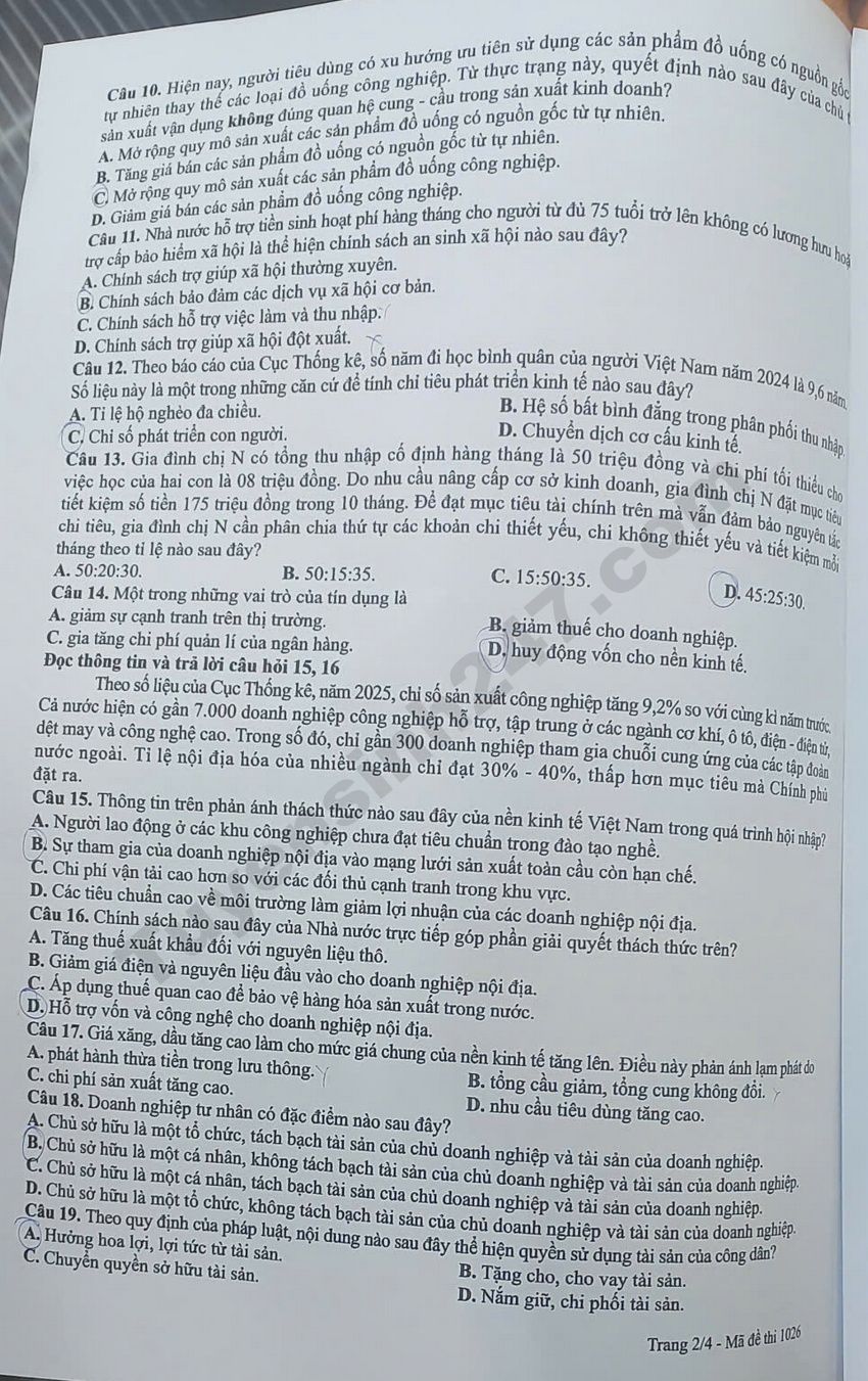 Full dap an de thi tot nghiep THPT 2026 mon GDKTPL - Ma de 1026