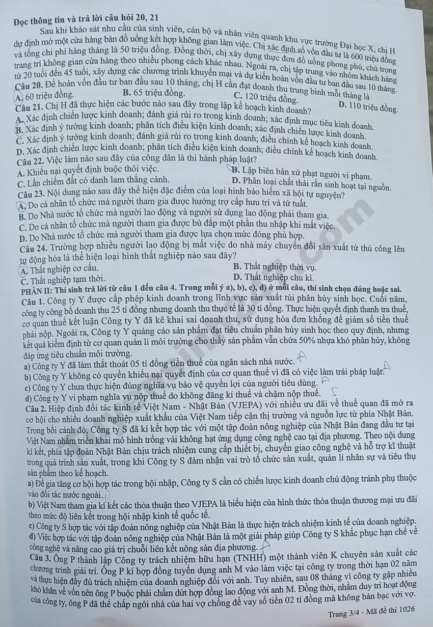 Full dap an de thi tot nghiep THPT 2026 mon GDKTPL - Ma de 1026
