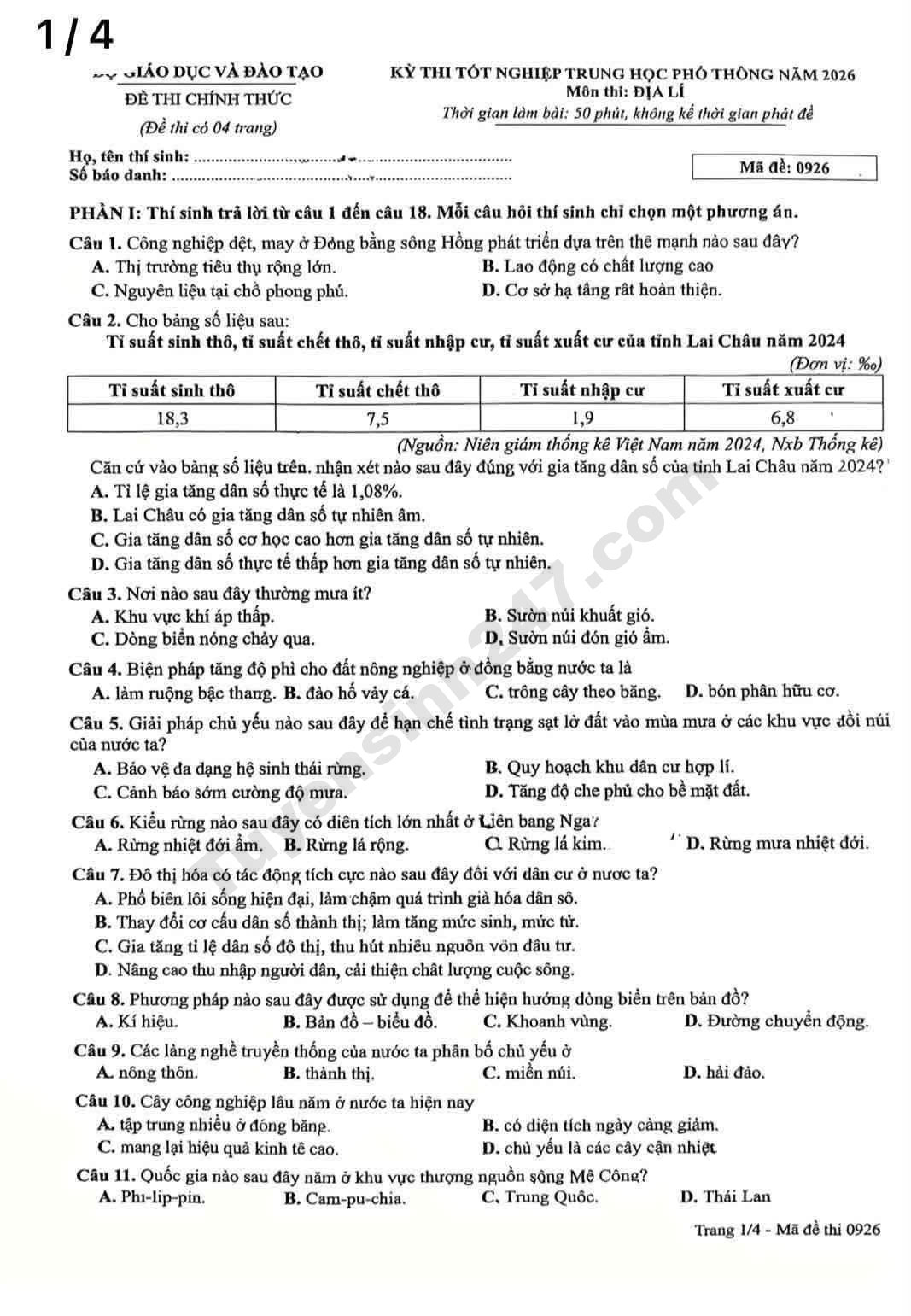 Full dap an de thi tot nghiep THPT 2026 mon Dia - Ma de 0926