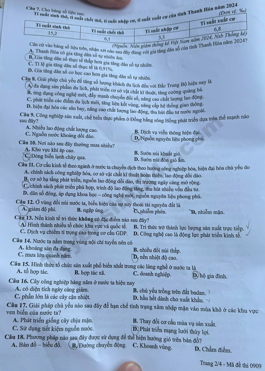 Dap an de thi mon Dia - Ma de 0909 tot nghiep THPT 2026