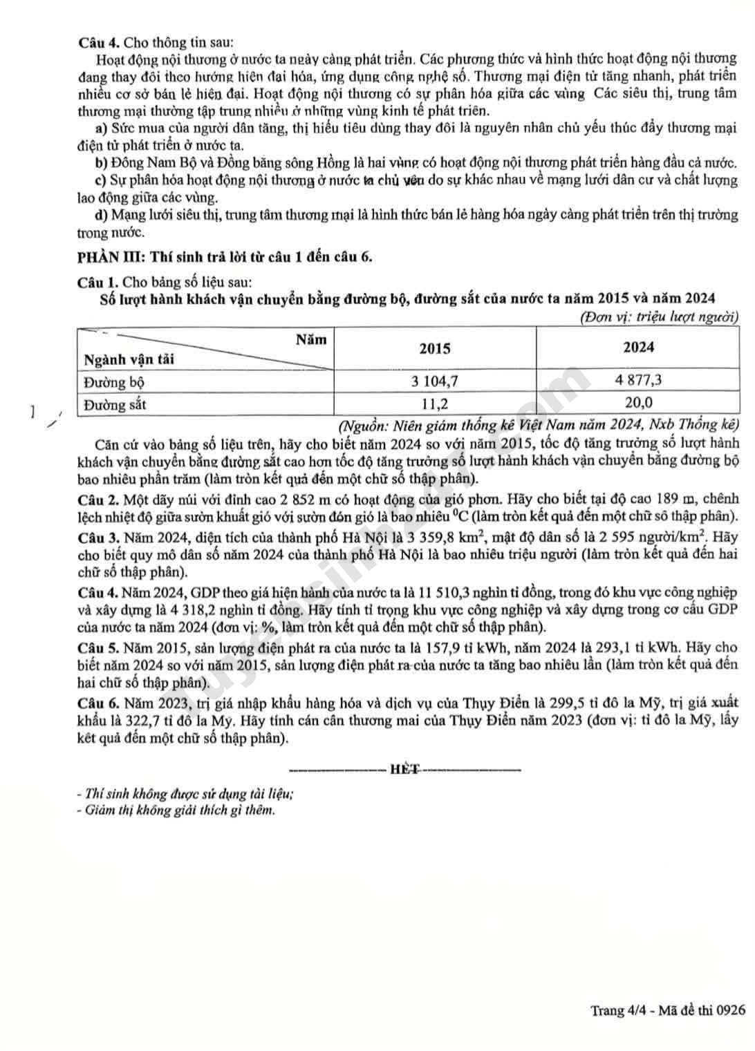Full dap an de thi tot nghiep THPT 2026 mon Dia - Ma de 0926