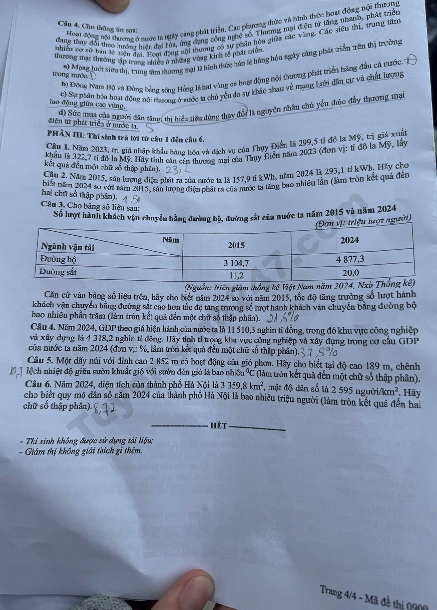 Dap an de thi mon Dia - Ma de 0909 tot nghiep THPT 2026