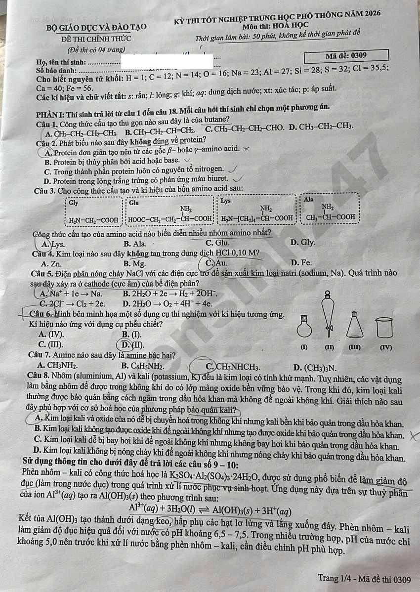 Dap an de thi tot nghiep THPT 2026 mon Hoa - Ma de 0309