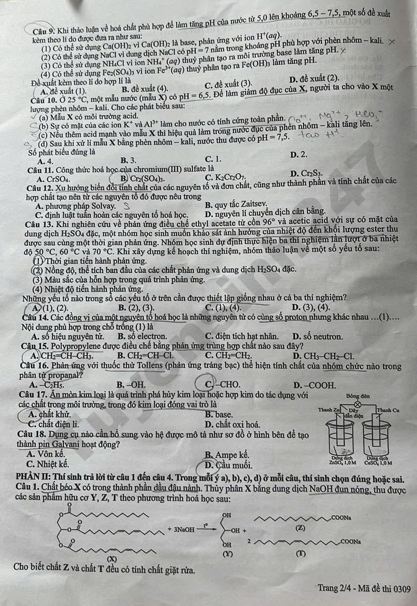 Dap an de thi tot nghiep THPT 2026 mon Hoa - Ma de 0309