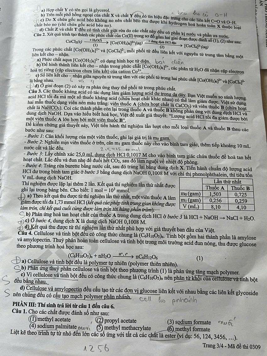 Dap an de thi tot nghiep THPT 2026 mon Hoa - Ma de 0309