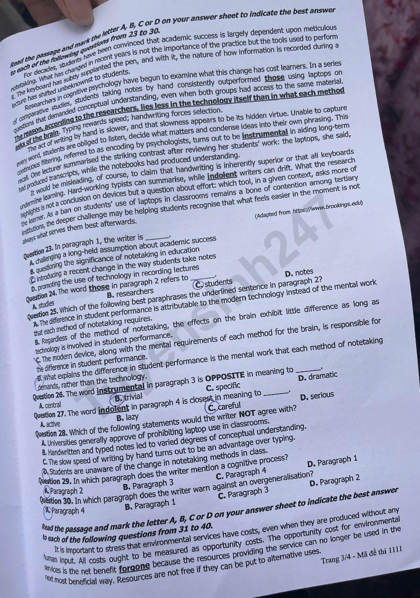 Dap an de thi tot nghiep THPT 2026 mon Anh - Ma de 1111