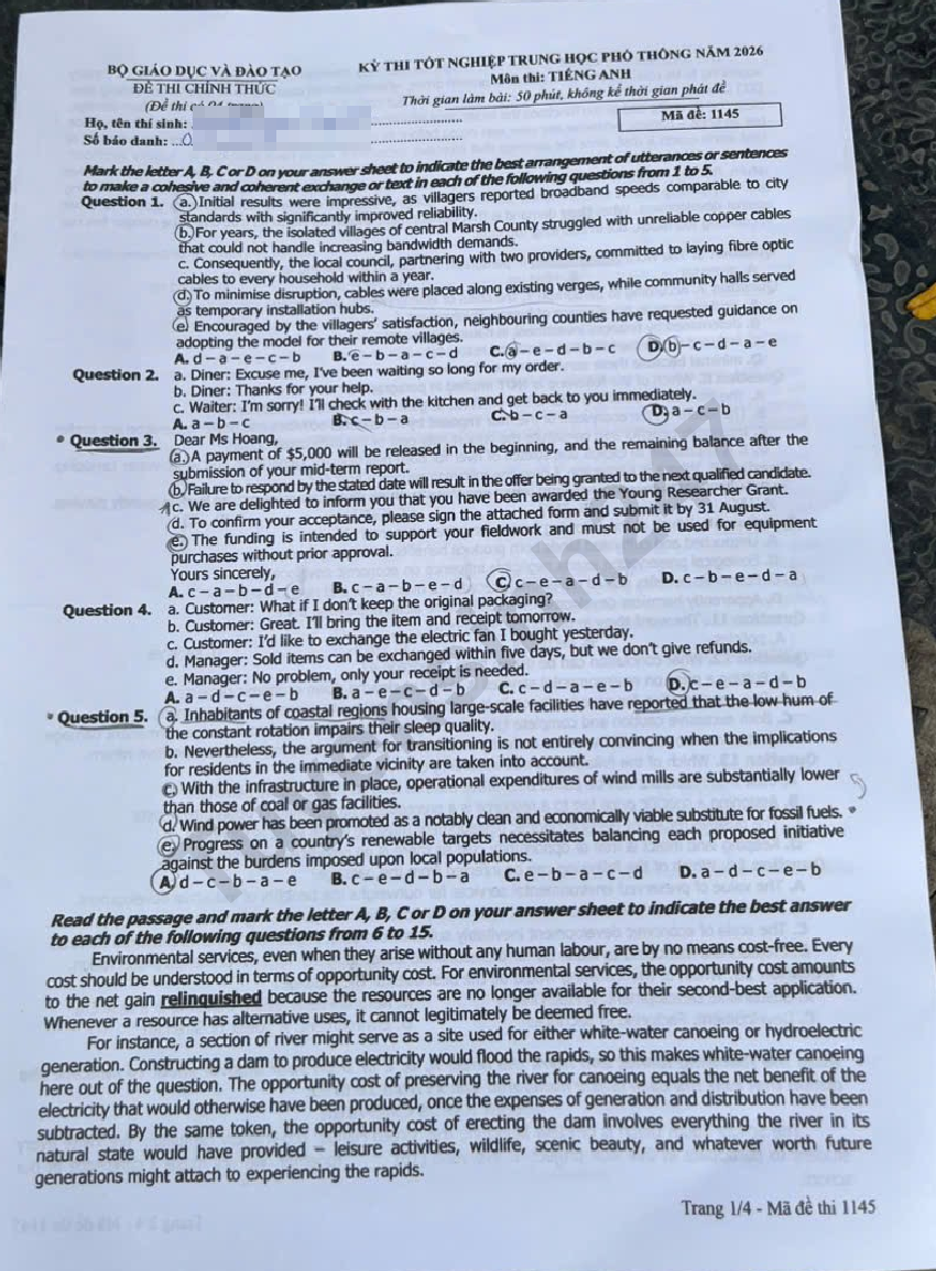 De thi va dap an mon Anh tot nghiep THPT 2026 - Ma de 1145