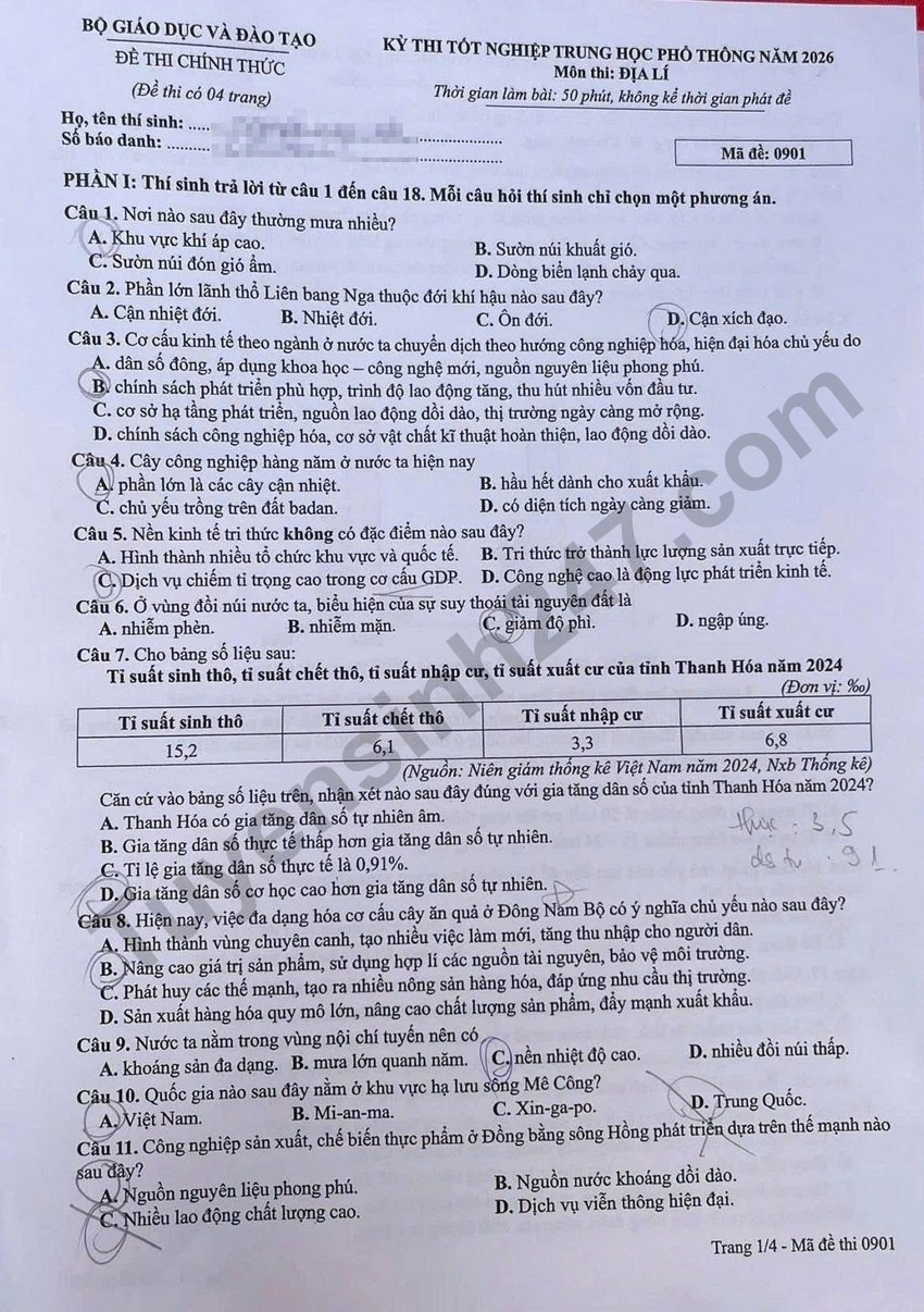 Dap an de thi tot nghiep THPT 2026 mon Dia - Ma de 0901