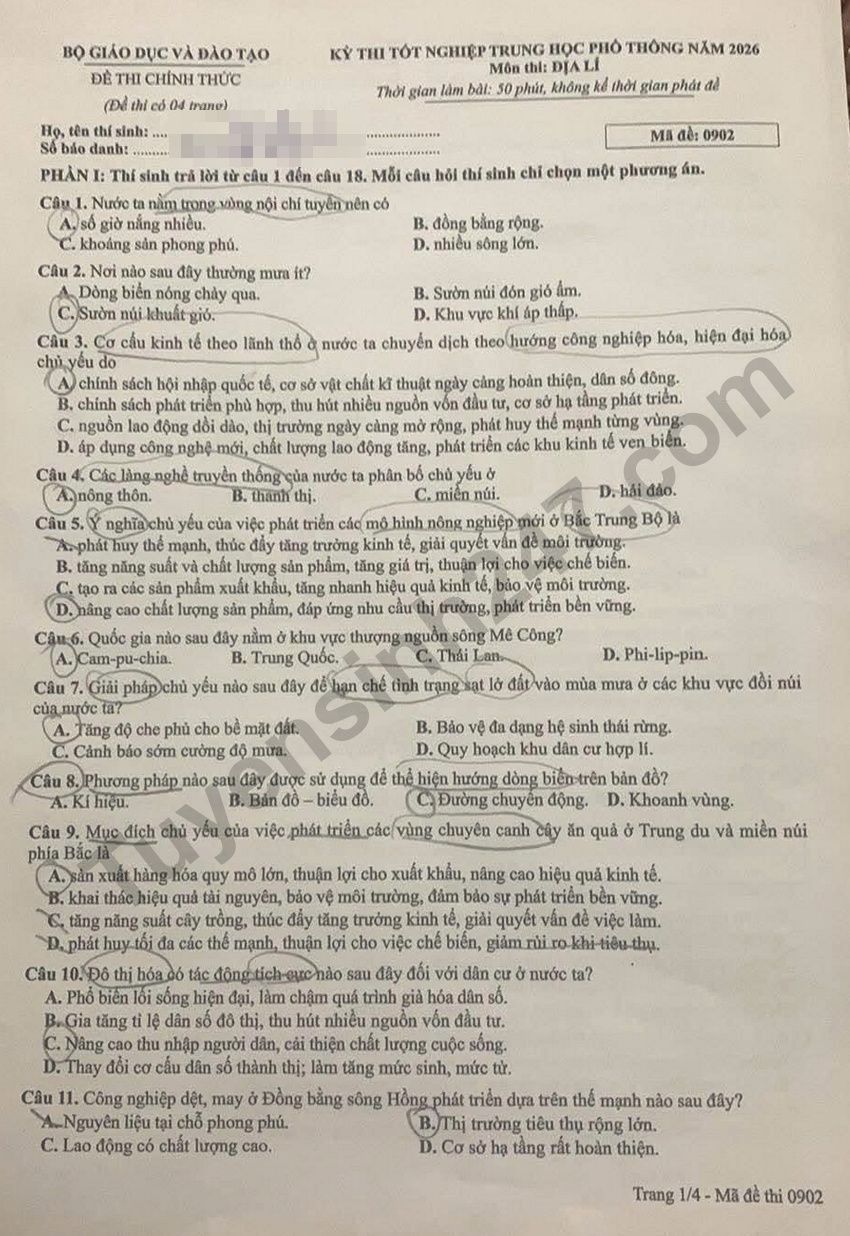 Day du dap an de thi mon Dia tot nghiep THPT 2026 - Ma de 0902