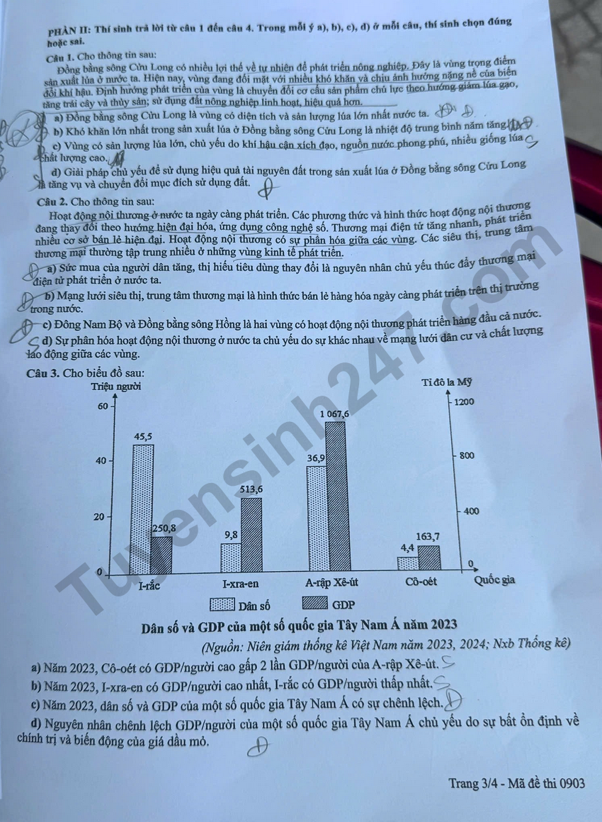 Dap an de thi tot nghiep THPT 2026 mon Dia - Ma de 0903