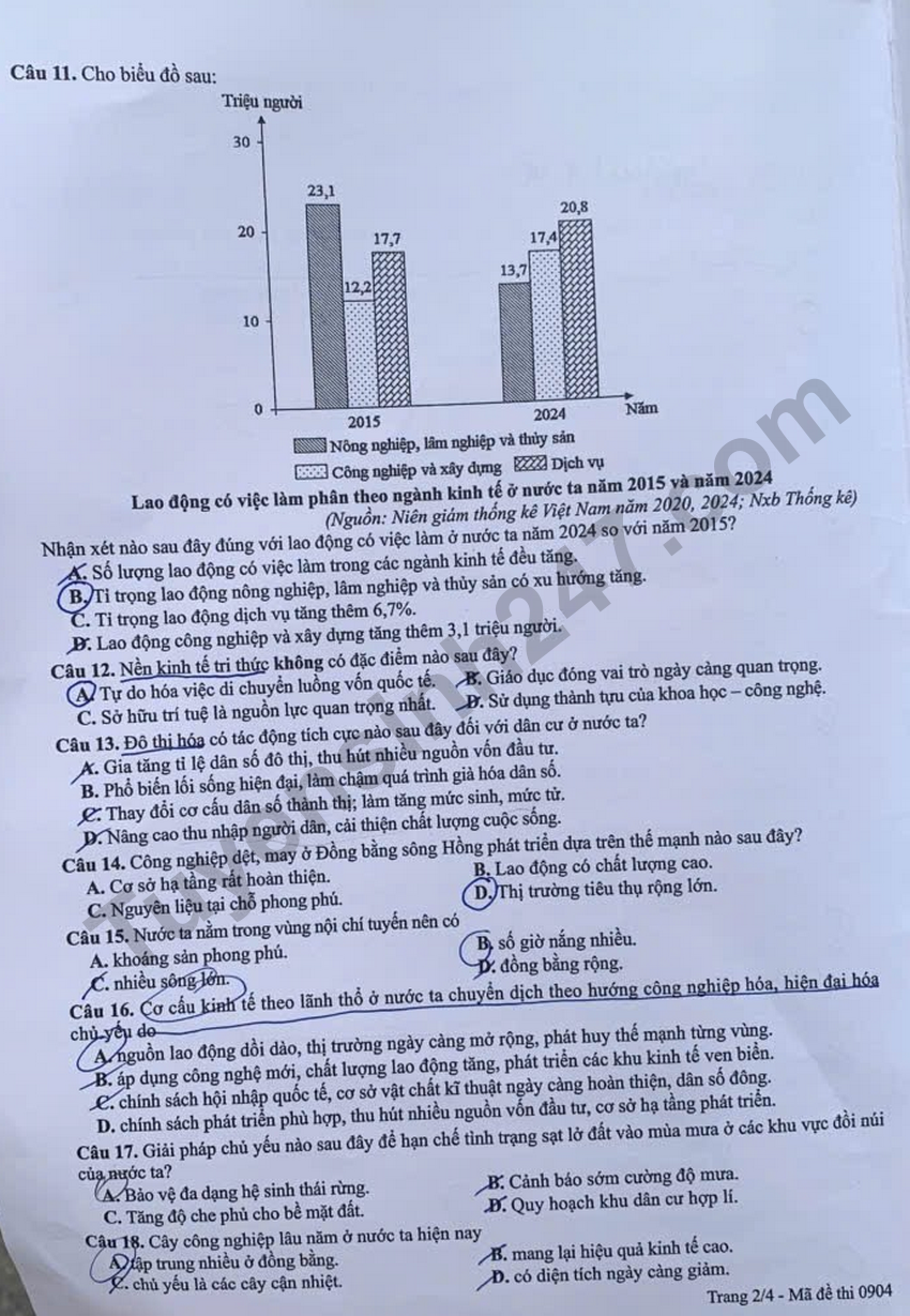 Dap an de thi tot nghiep THPT 2026 mon Dia - Ma de 0904 chi tiet