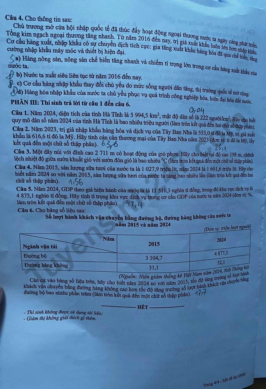 Dap an de thi tot nghiep THPT 2026 mon Dia - Ma de 0906