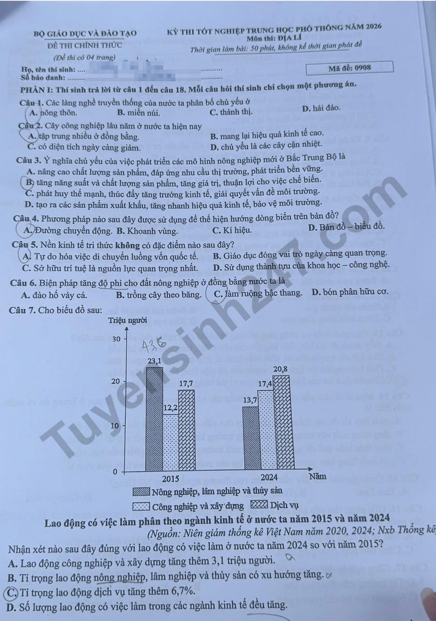 Xem dap an de thi tot nghiep THPT 2026 mon Dia - Ma de 0908