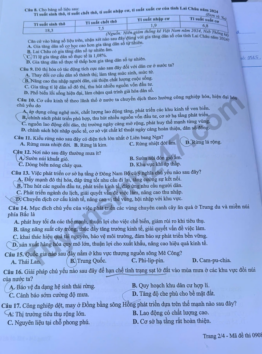 Xem dap an de thi tot nghiep THPT 2026 mon Dia - Ma de 0908