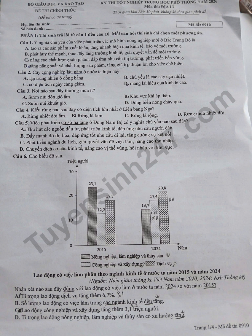 Giai chi tiet va Dap an de thi tot nghiep THPT 2026 mon Dia - Ma de 0910
