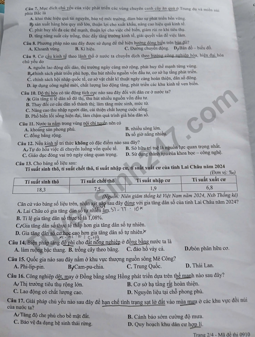 Giai chi tiet va Dap an de thi tot nghiep THPT 2026 mon Dia - Ma de 0910