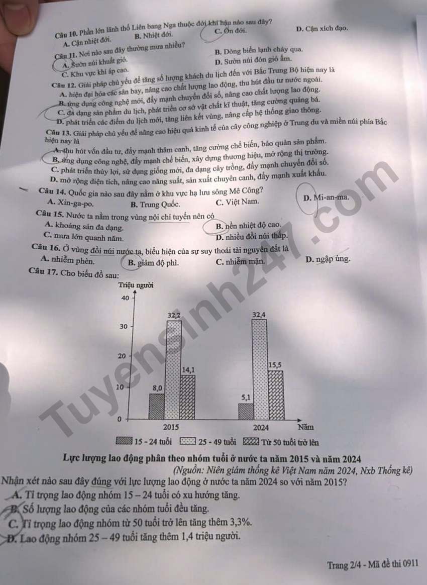 Dap an de thi tot nghiep THPT 2026 mon Dia - Ma de 0911