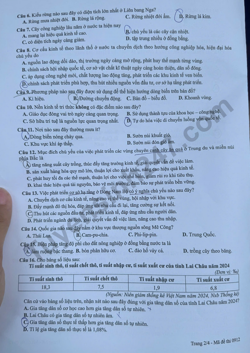 Dap an de thi tot nghiep THPT 2026 mon Dia - Ma de 0912 nhanh va chinh xac