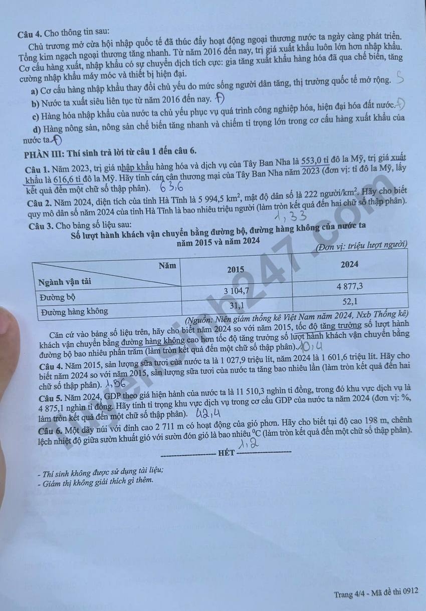 Dap an de thi tot nghiep THPT 2026 mon Dia - Ma de 0912 nhanh va chinh xac