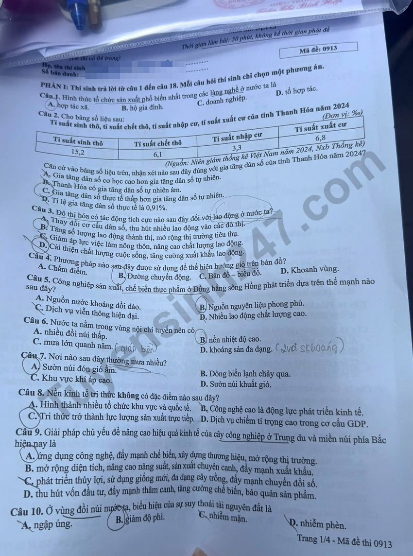 Tron bo dap an de thi tot nghiep THPT 2026 mon Dia - Ma de 0913