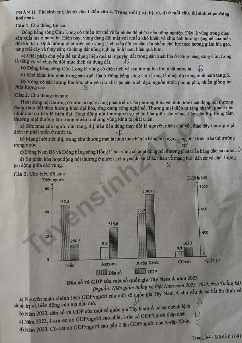 Dap an de thi tot nghiep THPT 2026 mon Dia - Ma de 0915