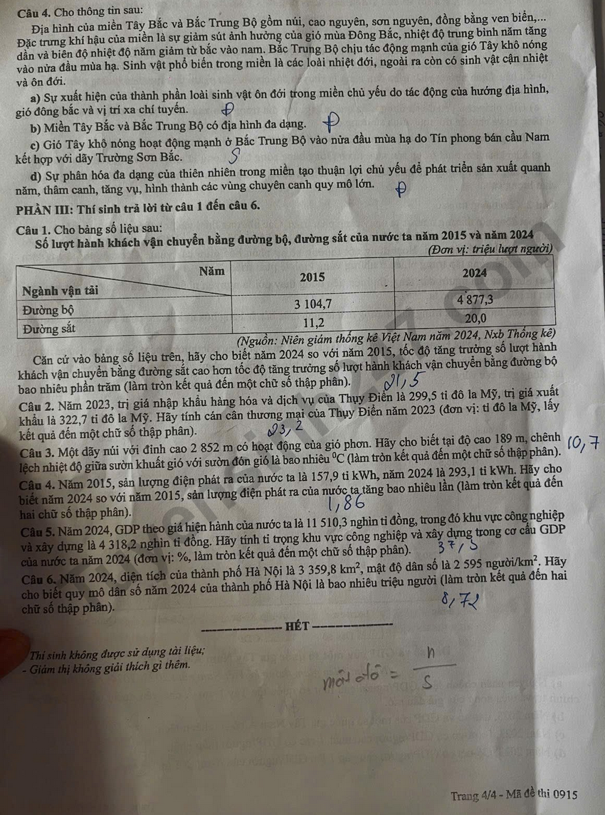 Dap an de thi tot nghiep THPT 2026 mon Dia - Ma de 0915
