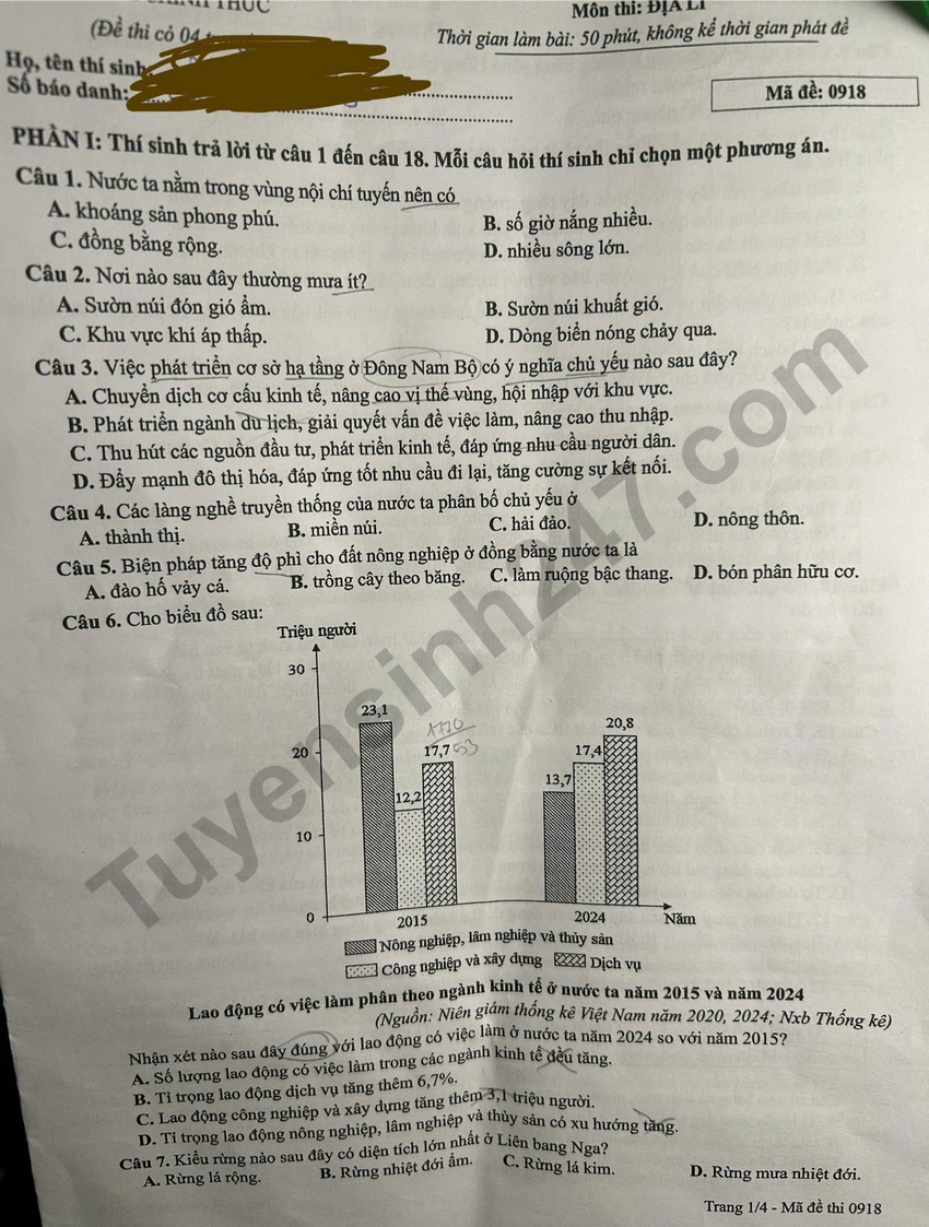 De thi va dap an mon Dia tot nghiep THPT 2026 - Ma de 0918