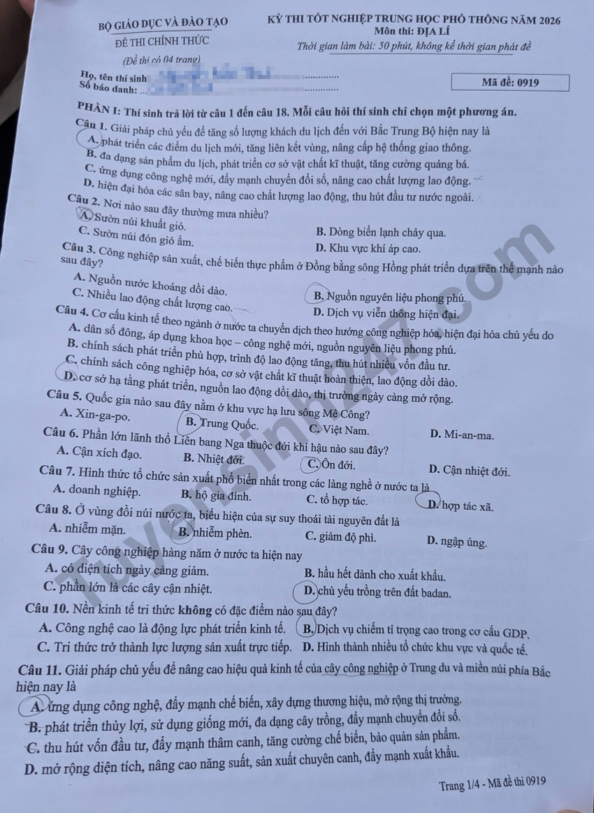 Dap an de thi tot nghiep THPT 2026 mon Dia ma de 0919 chi tiet nhat
