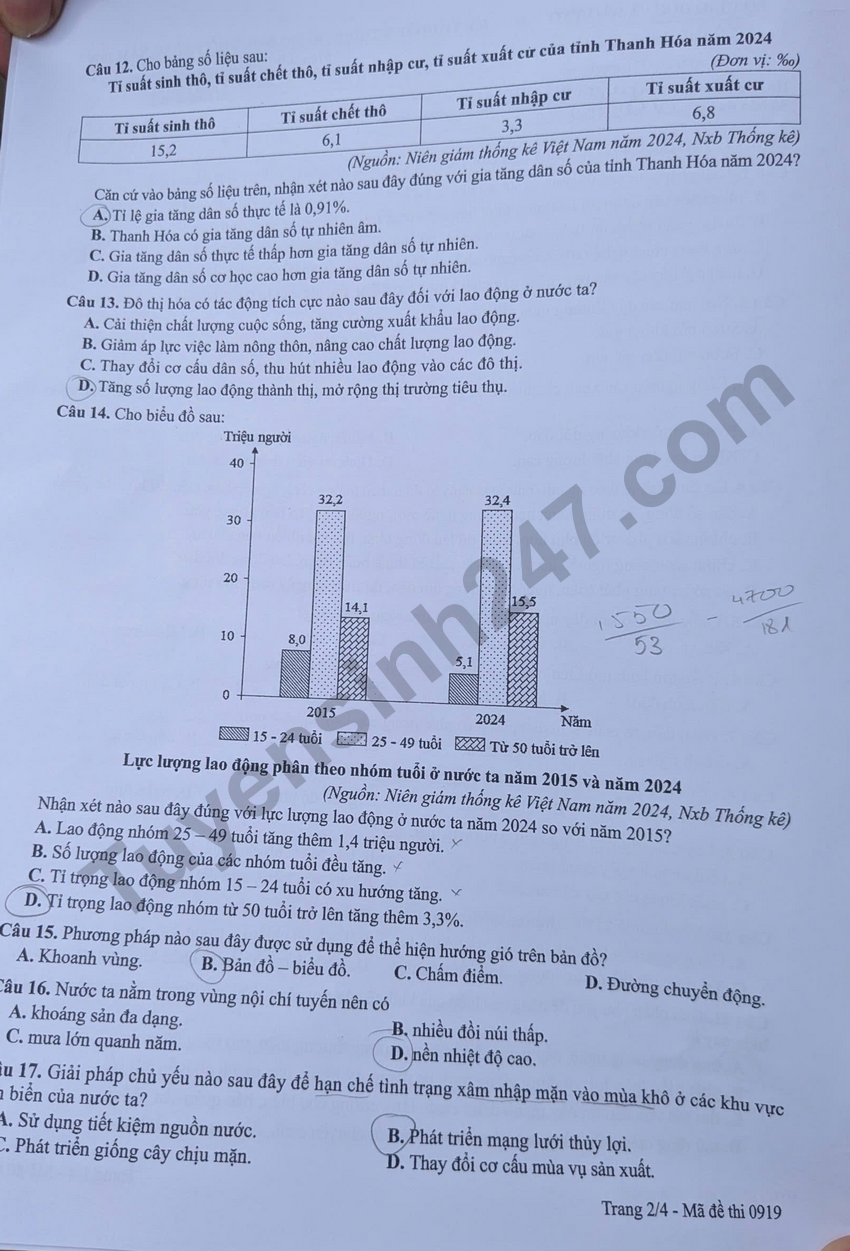 Dap an de thi tot nghiep THPT 2026 mon Dia ma de 0919 chi tiet nhat