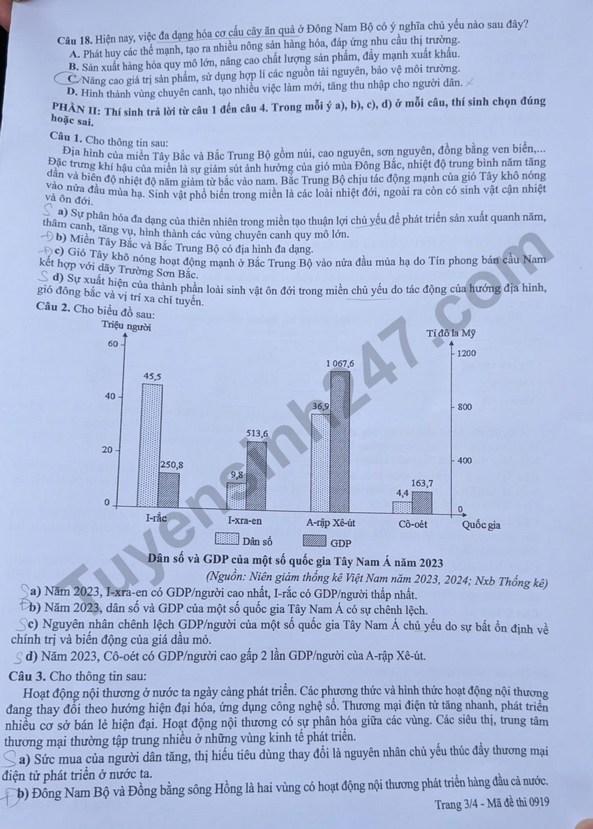 Dap an de thi tot nghiep THPT 2026 mon Dia ma de 0919 chi tiet nhat