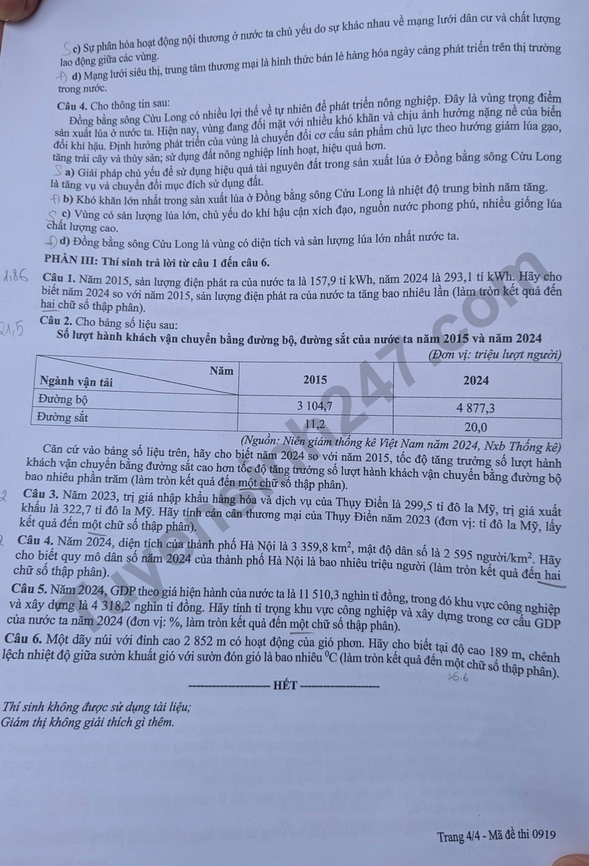 Dap an de thi tot nghiep THPT 2026 mon Dia ma de 0919 chi tiet nhat