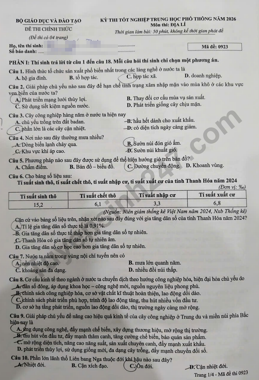 Dap an chi tiet de thi tot nghiep THPT 2026 mon Dia - Ma de 0923