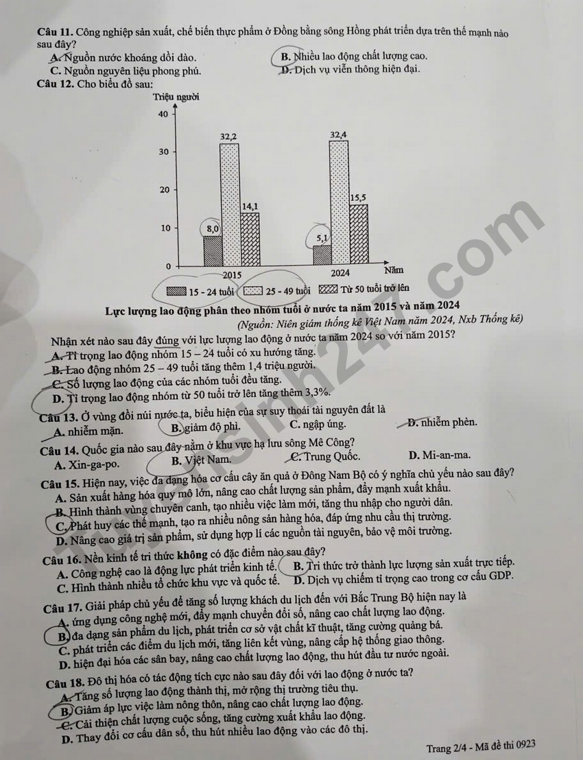 Dap an chi tiet de thi tot nghiep THPT 2026 mon Dia - Ma de 0923