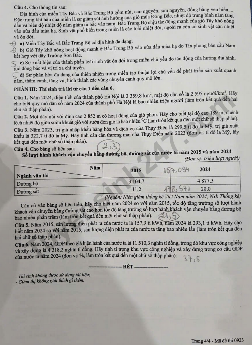 Dap an chi tiet de thi tot nghiep THPT 2026 mon Dia - Ma de 0923