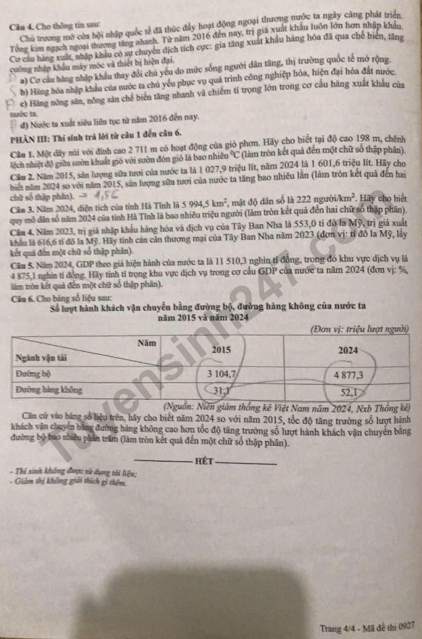Dap an de thi THPT 2026 mon Dia ma de 0927 day du nhat