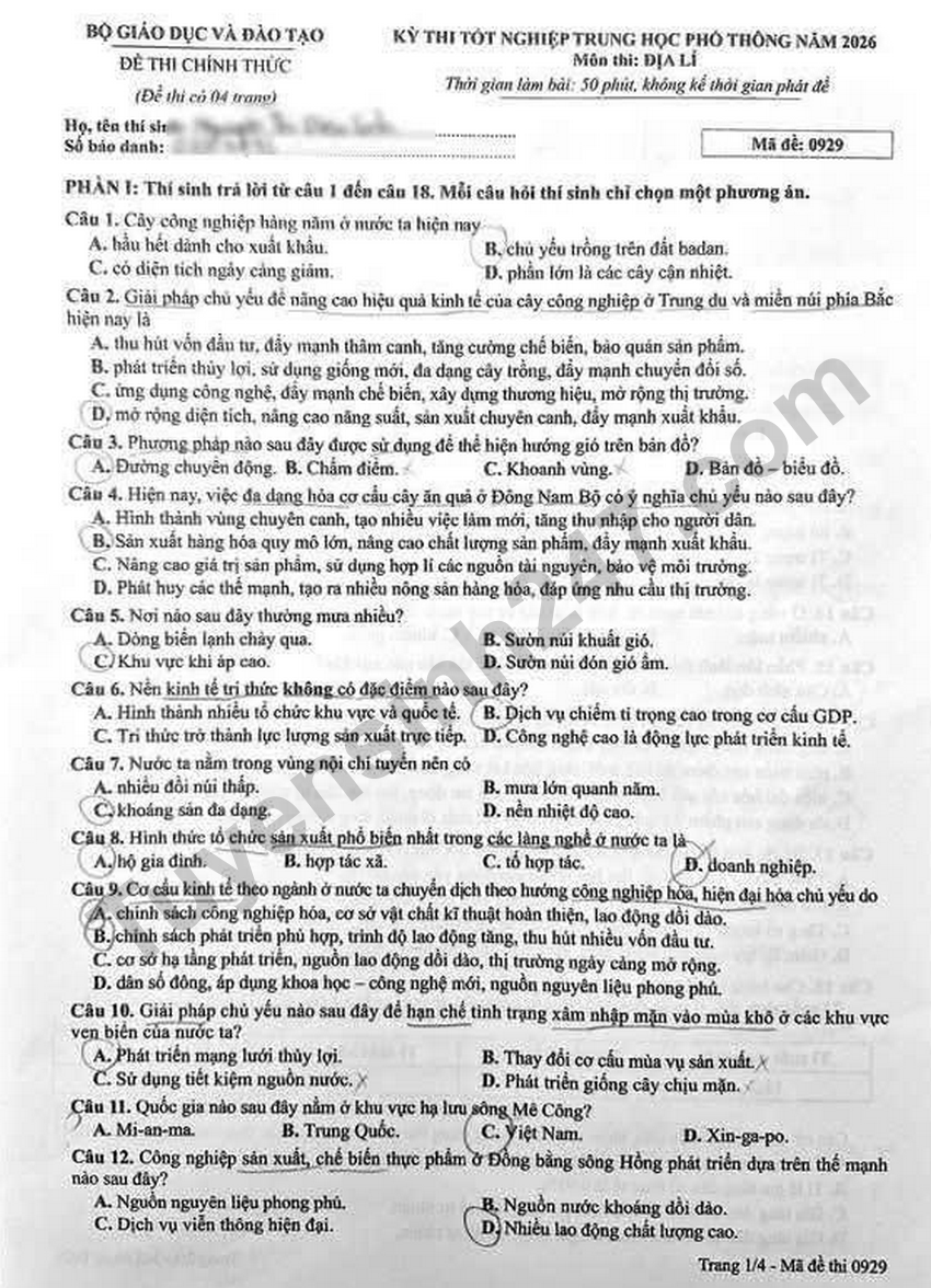 Dap an de thi tot nghiep THPT 2026 mon Dia - Ma de 0929