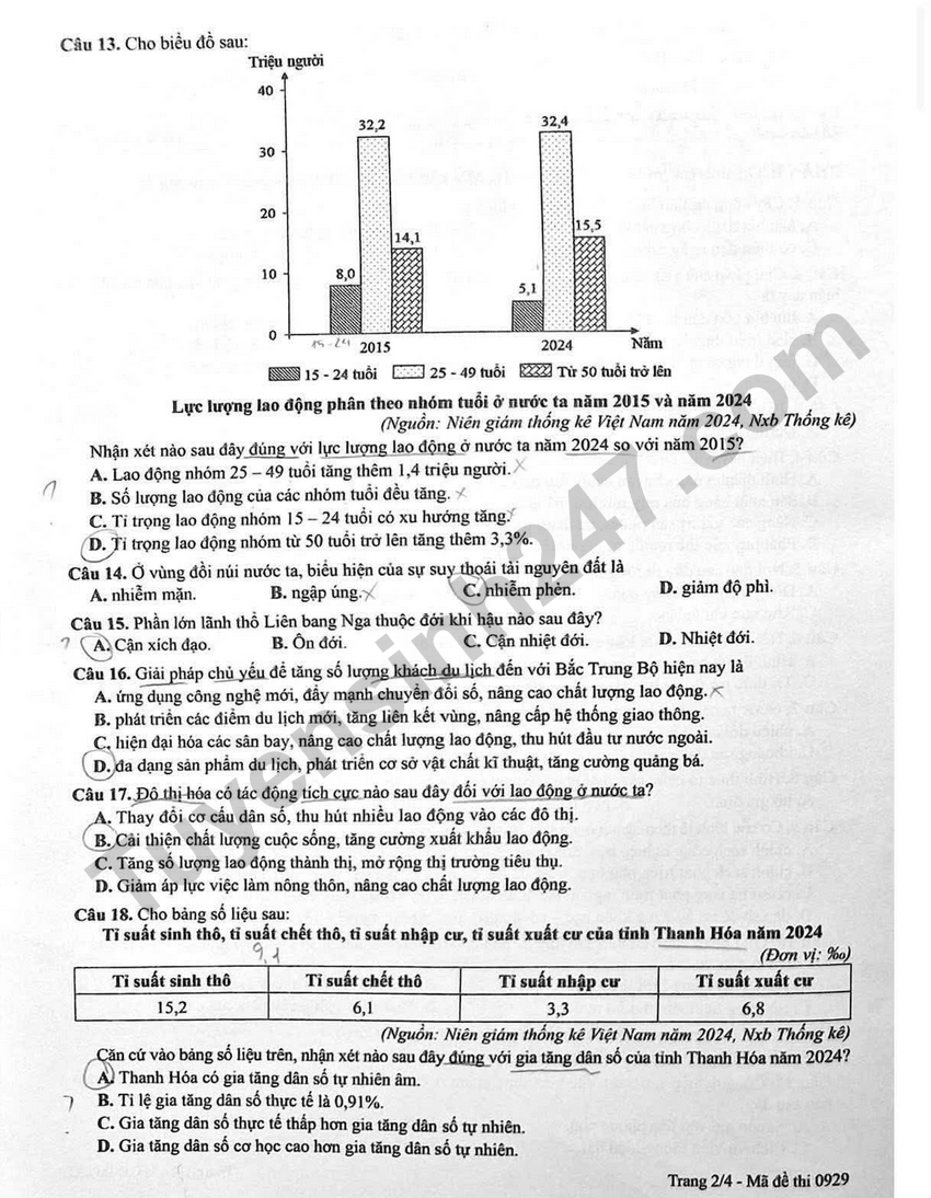 Dap an de thi tot nghiep THPT 2026 mon Dia - Ma de 0929